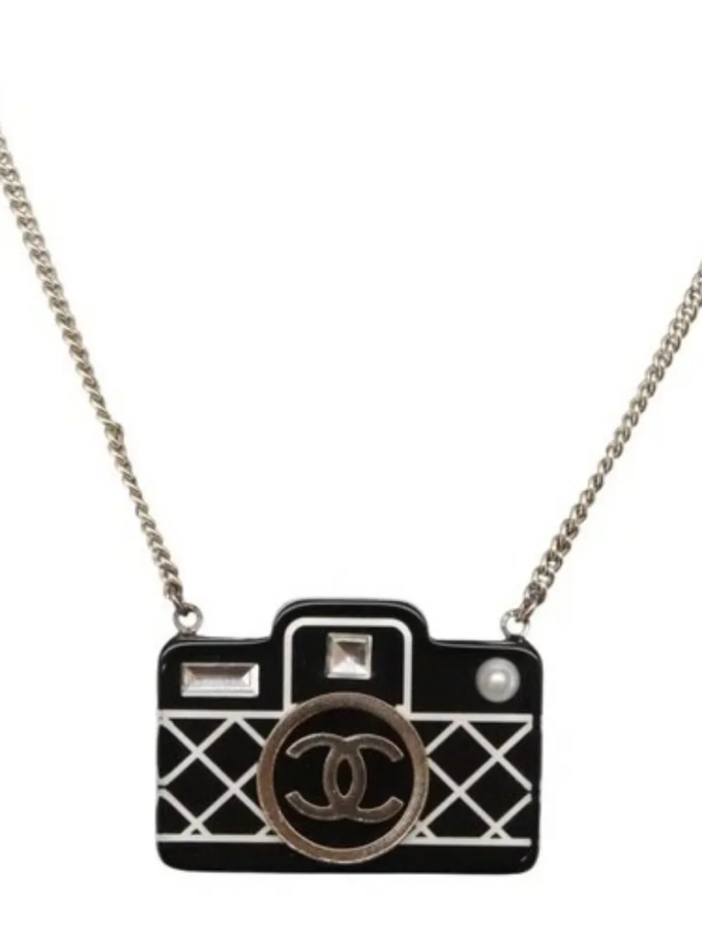 CHANEL COCO Mark Camera Necklace metal Black CC Auth 163738SM
